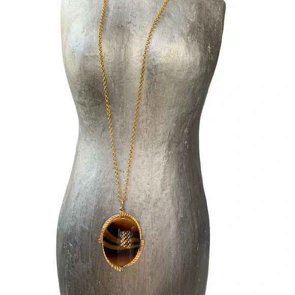 Vintage SARAH COVENTRY Glass Tigers Eye Oval Gold Plated Necklace Jewelry - Picture 5 of 7